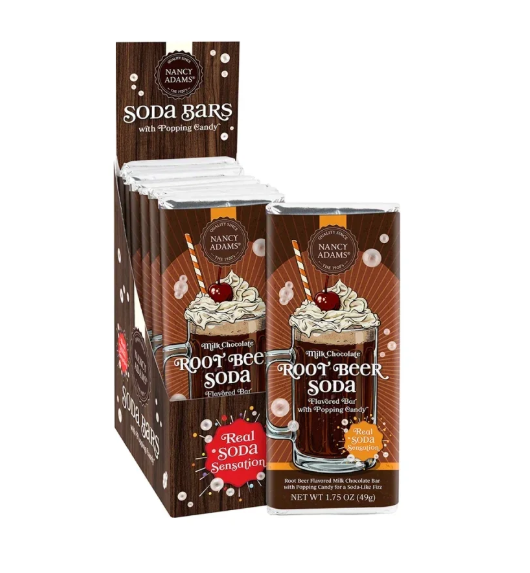 Nancy Adams Milk Chocolate Root Beer Popping Candy Bar 1.75oz 12ct